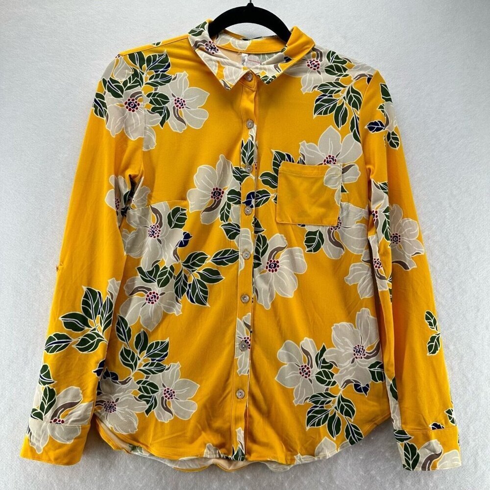 DNA Couture Top Womens Size S Floral Shirt Button Front Long Sleeve Yellow